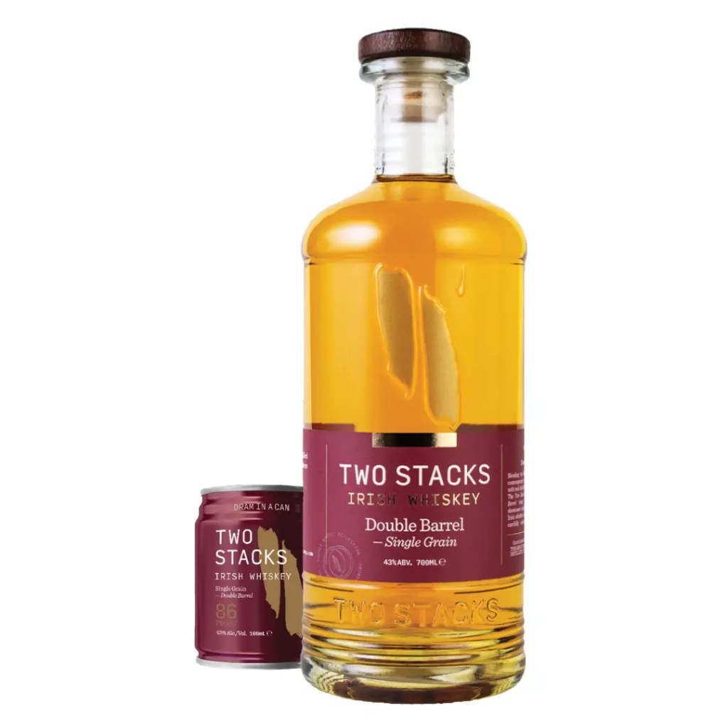 two stacks single grain double barrel bottle and can
